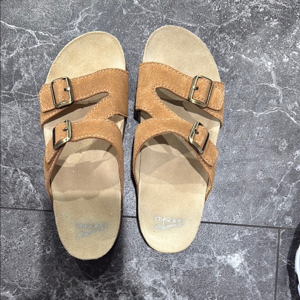 Tan Suede Double Strap Sandals